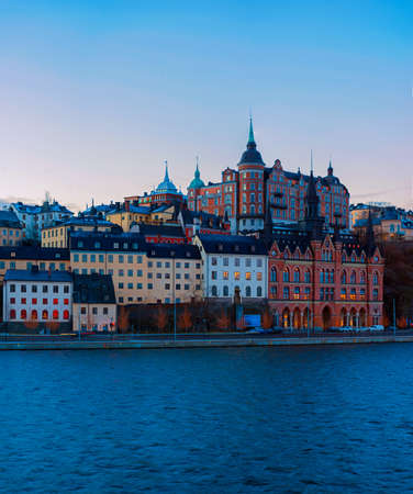 Scenic winter view of the Old Town pier architecture, Sodermalm district of Stockholm, Swedenの写真素材