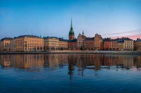 Stockholm old town at morning Colorful sunrise and reflections in water, Stockholm, Sweden, Gamla Stanの写真素材