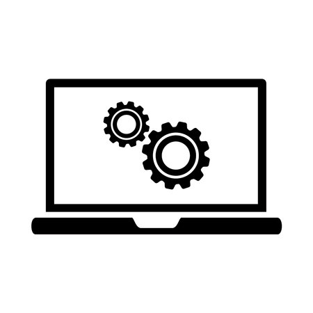 laptop computer with gears icon over white background, silhouette style, vector illustrationのイラスト素材