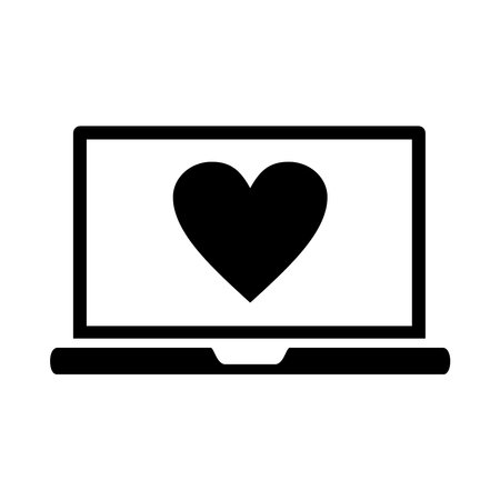 laptop computer with heart icon over white background, silhouette style, vector illustrationのイラスト素材