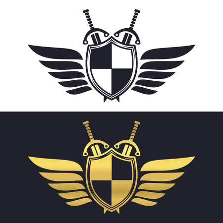 Crossed swords with wings and shield, heraldic vector illustration.のイラスト素材