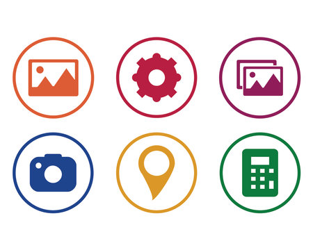 set of colorful icons with map, camera and gear on white backgroundのイラスト素材