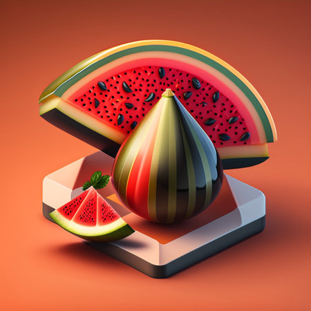 Watermelon and watermelon on orange background. 3d illustration.の素材