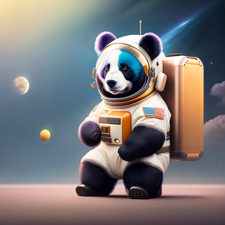 Panda astronaut sitting on the floor and holding a suitcase in his hand.の素材