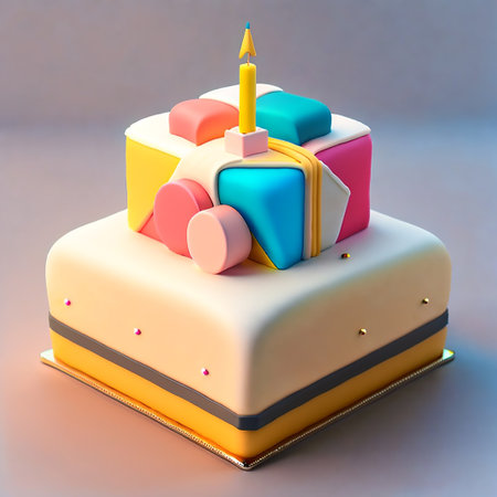 Birthday cake with candle on top. 3d render illustration.の素材