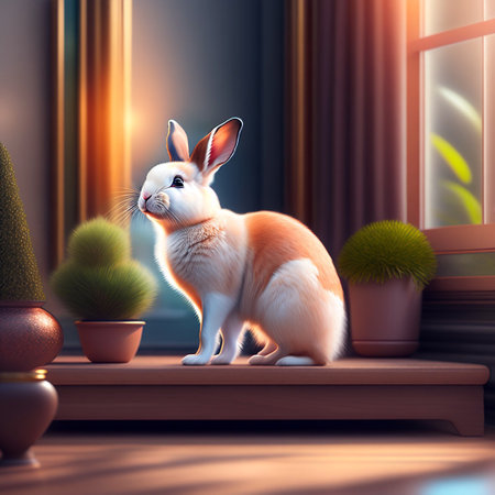 3d rendering of a cute rabbit sitting on the windowsill at homeの素材