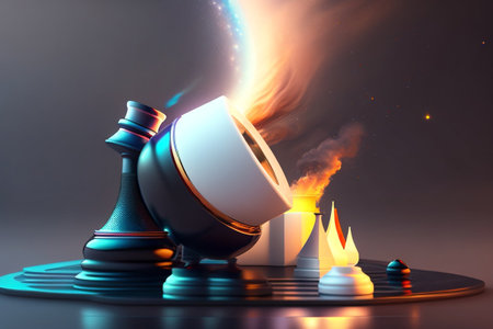 Chess pieces with fire and smoke on dark background. 3d illustrationの素材
