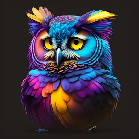 Colorful owl isolated on black background. 3d render illustration.の素材