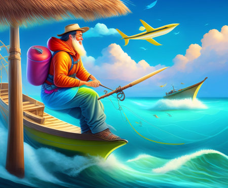 Tourist on a wooden boat in the sea, vector illustration.の素材