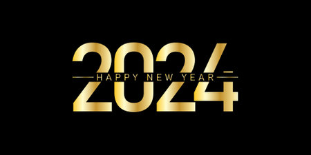 2024 Happy New Year gold text on black background. Vector illustration.のイラスト素材