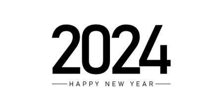 2024 Happy New Year lettering text design in black and white