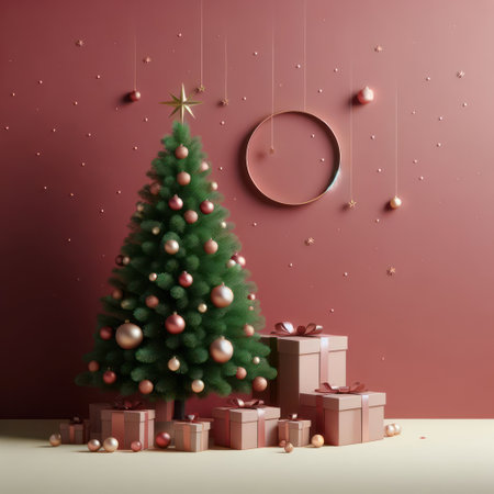 Christmas tree and gift boxes. 3d render. Christmas background.の素材