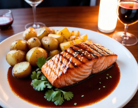 Grilled salmon fillet with potatoes and red wine on wooden tableの素材