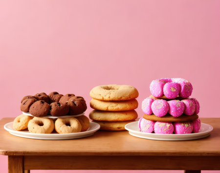 Colorful donuts on a wooden table. Pink background. Copy space.の素材