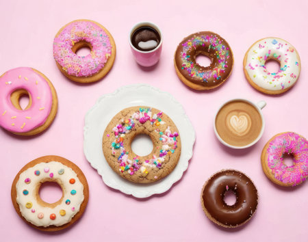 Colorful donuts with coffee on pink background. Top view.の素材