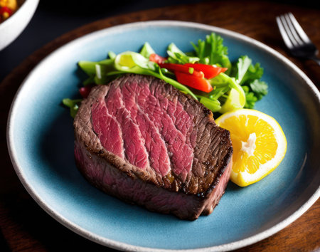 steak with salad and lemon on a blue plate on a wooden tableの素材