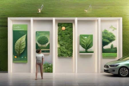 Woman in front of the exhibition stand with green plants and trees.の素材