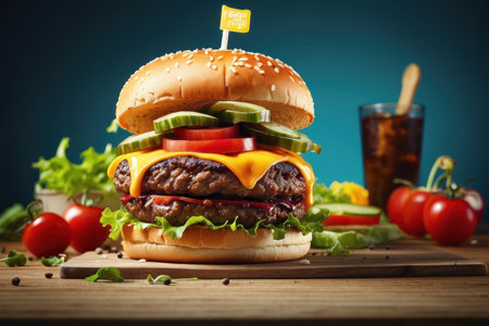 Cheese burger - American cheese burger with fresh vegetables on wooden boardの素材