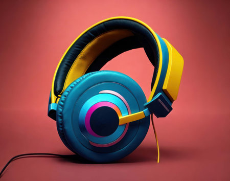 Headphones on red background. Music concept. 3D Renderingの素材