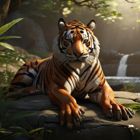 Siberian tiger resting in the jungle at sunset. Beautiful tiger in the natural habitat.の素材
