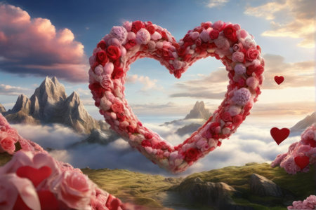 Valentine's day background with heart made of flowers and mountainsの素材