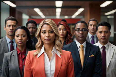 Portrait of confident business people standing in office. Multiethnic team.の素材