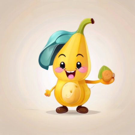 Illustration of a cartoon yellow banana character holding a carrot on a light backgroundの素材