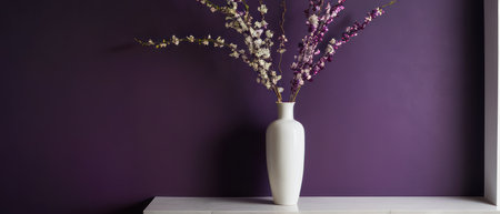 Elegant plant with white and purple flowers in a white vase, placed against a rich purple wall. Perfect for interior design and floral decor themes.の素材
