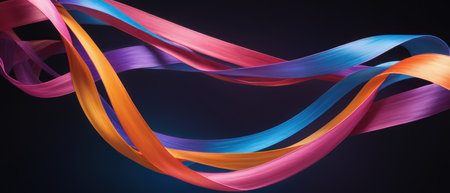 Vibrant abstract neon light streaks in blue, purple, and orange, creating a dynamic and flowing pattern on a dark background.の素材