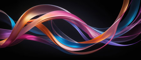 Vibrant abstract neon light streaks in blue, purple, and orange, creating a dynamic and flowing pattern on a dark background.の素材