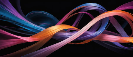 Vibrant abstract neon light streaks in blue, purple, and orange, creating a dynamic and flowing pattern on a dark background.の素材