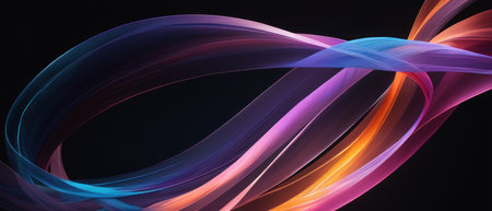 Vibrant abstract neon light streaks in blue, purple, and orange, creating a dynamic and flowing pattern on a dark background.の素材