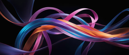 Vibrant abstract neon light streaks in blue, purple, and orange, creating a dynamic and flowing pattern on a dark background.の素材