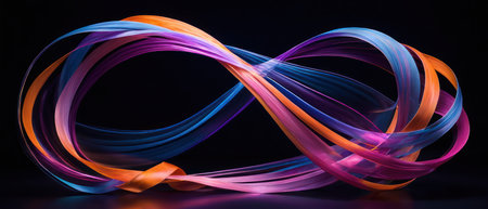 Vibrant abstract neon light streaks in blue, purple, and orange, creating a dynamic and flowing pattern on a dark background.の素材