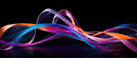 Vibrant abstract neon light streaks in blue, purple, and orange, creating a dynamic and flowing pattern on a dark background.の素材