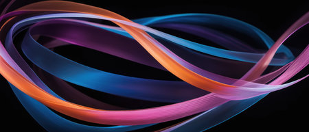 Vibrant abstract neon light streaks in blue, purple, and orange, creating a dynamic and flowing pattern on a dark background.の素材