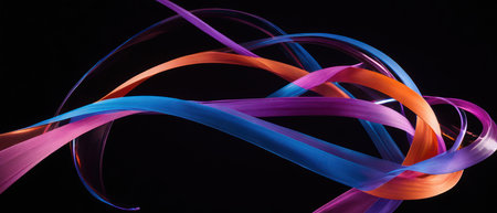 Vibrant abstract neon light streaks in blue, purple, and orange, creating a dynamic and flowing pattern on a dark background.の素材