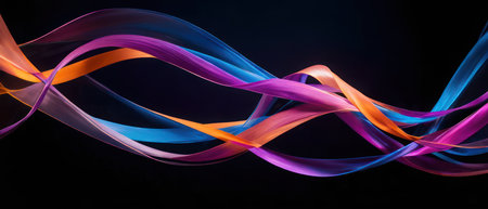 Vibrant abstract neon light streaks in blue, purple, and orange, creating a dynamic and flowing pattern on a dark background.の素材