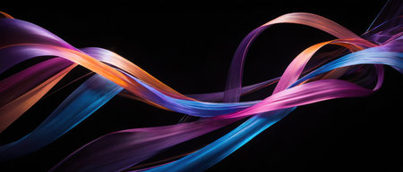 Vibrant abstract neon light streaks in blue, purple, and orange, creating a dynamic and flowing pattern on a dark background.の素材