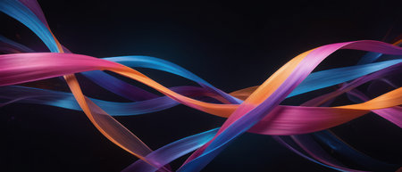 Vibrant abstract neon light streaks in blue, purple, and orange, creating a dynamic and flowing pattern on a dark background.の素材