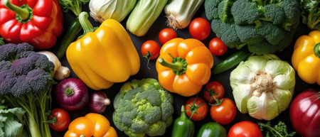 Fresh Organic Vegetables and Garlic on Wood Cutting Board. Colorful mix of bell peppers, broccoli, cucumbers, romaine lettuce and cherry tomatoes.の素材