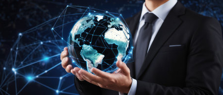 Businessman holding a digital globe in his hands. Concept of global business, network, connection, and technology.の素材