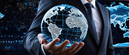 Businessman holding a digital globe in his hands. Concept of global business, network, connection, and technology.の素材
