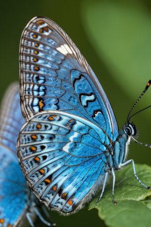 Closeup of a blue morpho butterfly with wings spread wide, perched on a green leaf in a natural setting. Macro photography of a beautiful, vibrant butterfly in nature.の素材