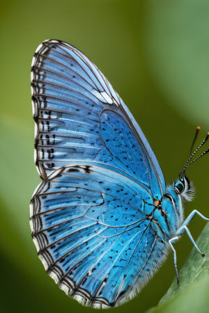 Closeup of a blue morpho butterfly with wings spread wide, perched on a green leaf in a natural setting. Macro photography of a beautiful, vibrant butterfly in nature.の素材
