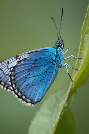 Closeup of a blue morpho butterfly with wings spread wide, perched on a green leaf in a natural setting. Macro photography of a beautiful, vibrant butterfly in nature.の素材