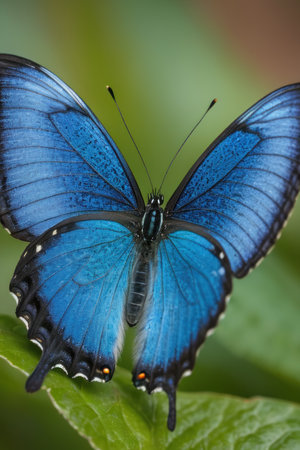 Closeup of a blue morpho butterfly with wings spread wide, perched on a green leaf in a natural setting. Macro photography of a beautiful, vibrant butterfly in nature.の素材