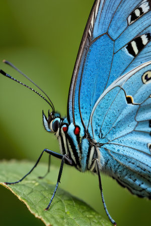 Closeup of a blue morpho butterfly with wings spread wide, perched on a green leaf in a natural setting. Macro photography of a beautiful, vibrant butterfly in nature.の素材