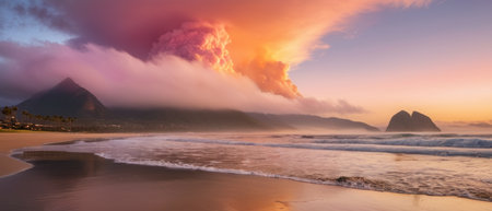 a beautiful beach with surfaces in the distance, a large mountain on one sideの素材