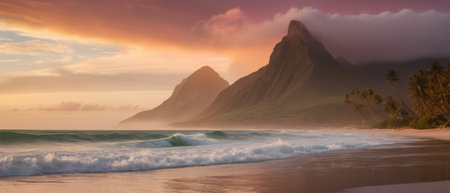 a beautiful beach with surfaces in the distance, a large mountain on one sideの素材